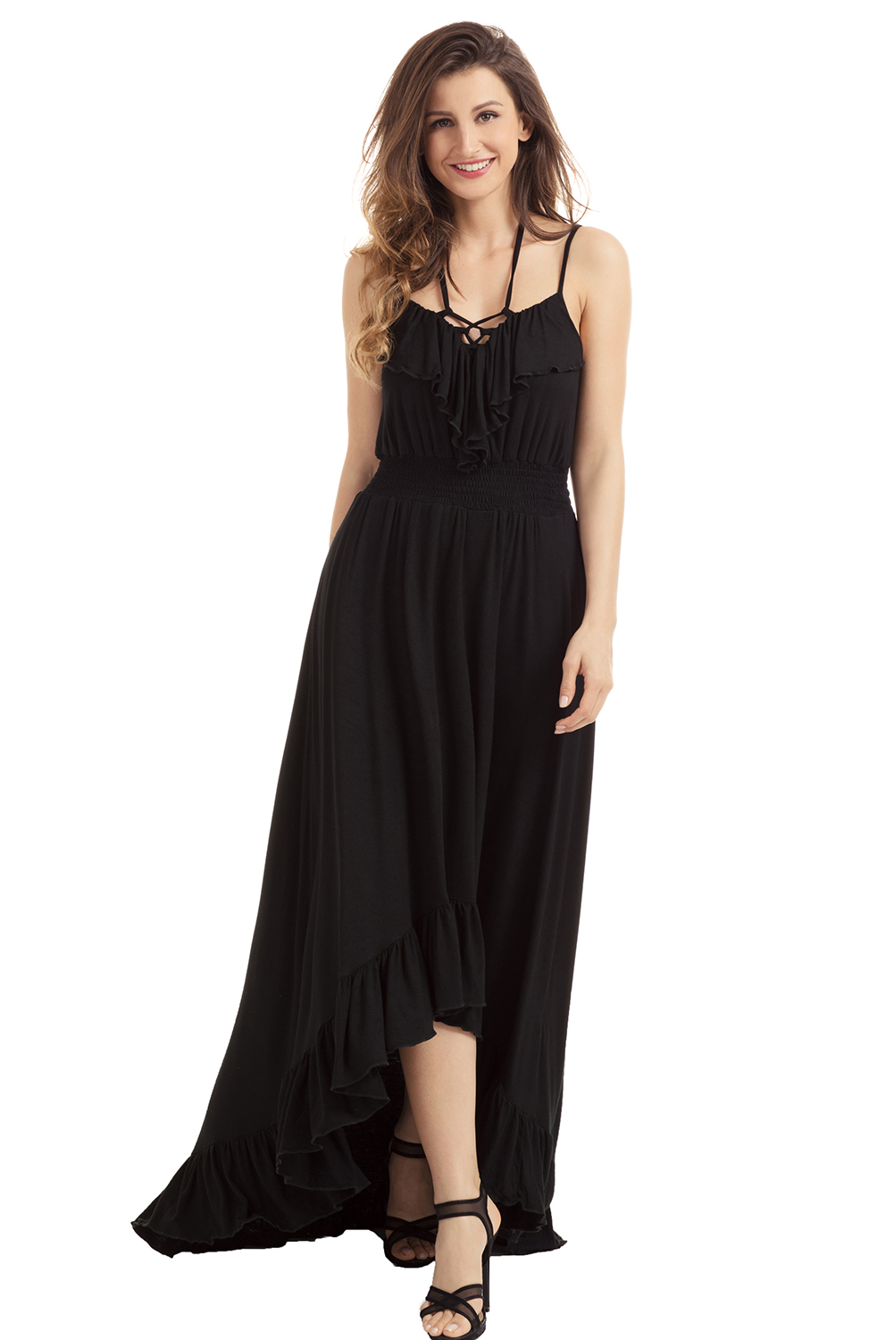 BY61510-2 Lace Up V Neck Ruffle Trim Hi-low Maxi Dress